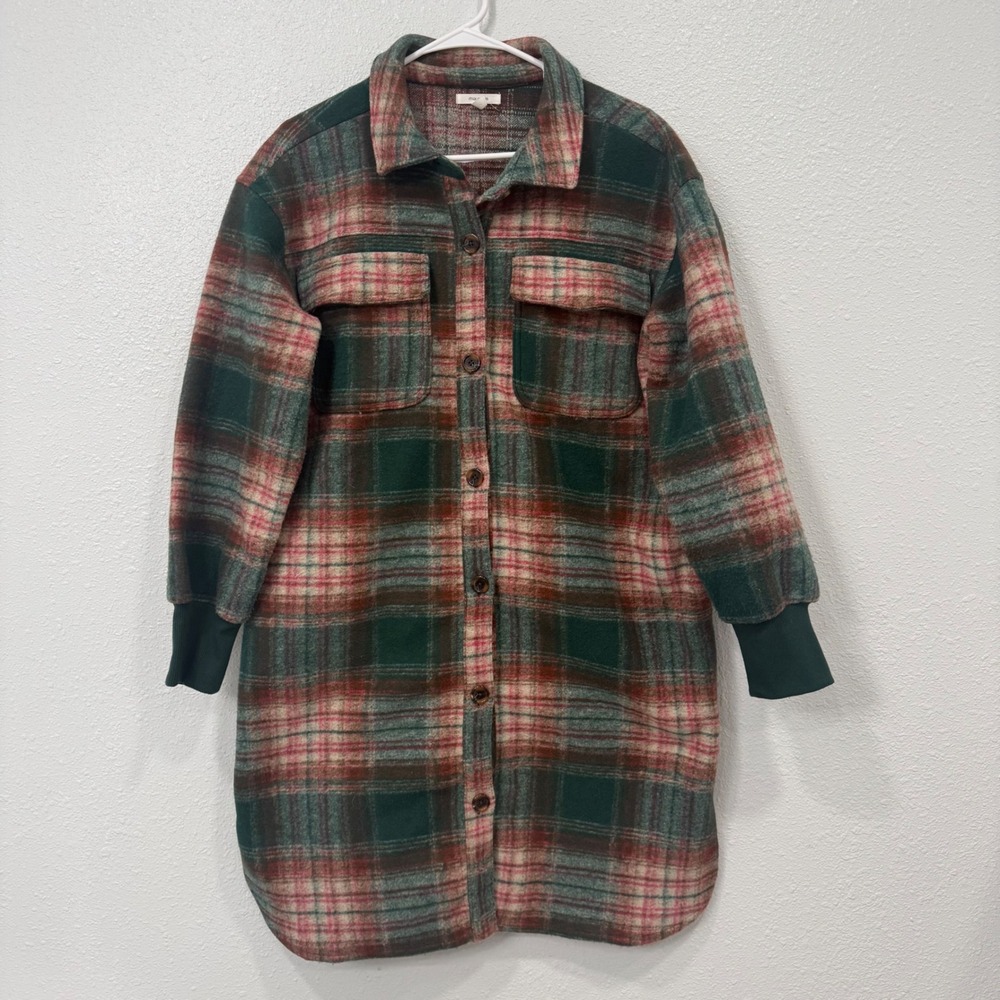 Maurices Plaid Shacket Longline Button Down Shirt Jacket Green Pink Medium